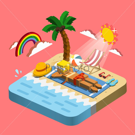 summer recreation concept 3d isometric infographic with sunbathing scene