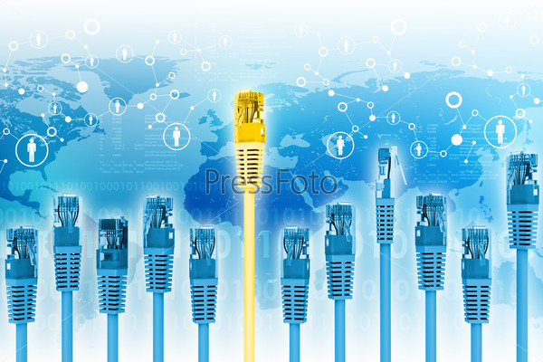 Set of blue computer cables with golden one on abstract colorful background with world map, stock photo