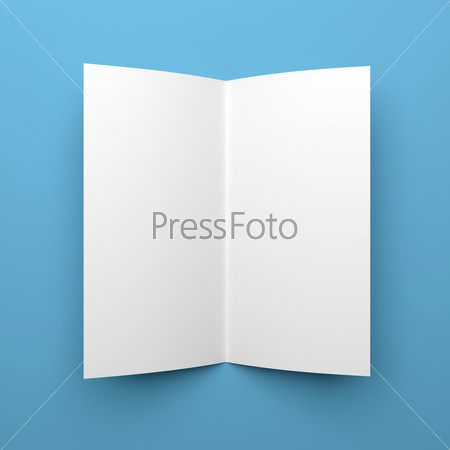 Top view of blank folded flyer, booklet or brochure mockup template on blue background