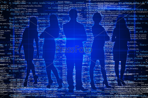 Silhouette of businesspeople in different postures on abstract blue background