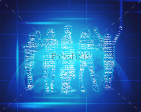 Abstract silhouette of businesspeople in different postures on blue background. Elements of this image furnished by NASA