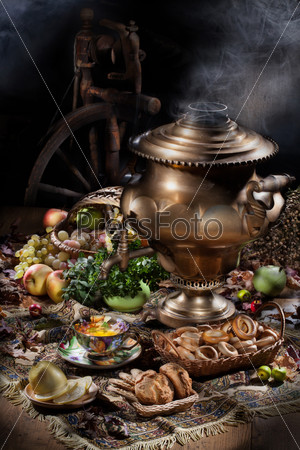 Still Life With Samovar, Fruits, Tea And Spinning Wheel