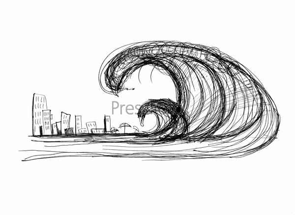 impending tsunami of the city, black and white drawing