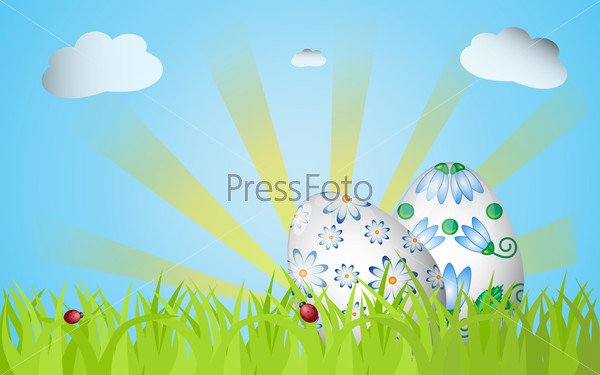 Easter design with grass, sunrise, two eggs and ladybugs