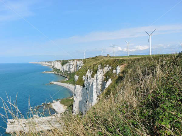 wind farm on english channel coast in Normandy of etretat cote d\'albatre, France