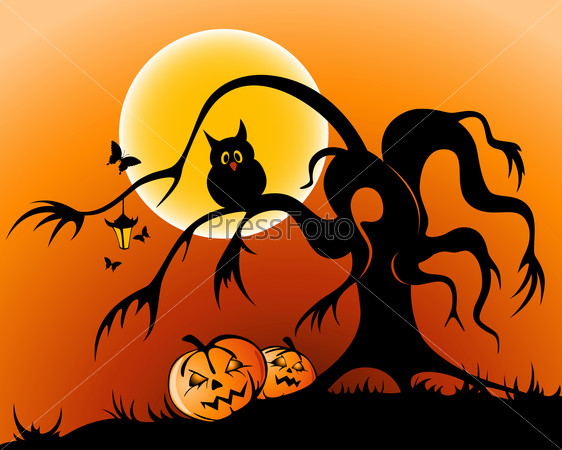halloween background with pumpkin, owl and silhouette of tree by moon night