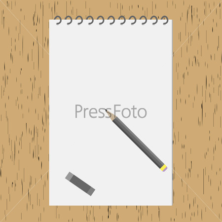 Pencil with an album on the wooden table. Paper blank, top page space, school education, desk and pen, vintage and empty graphic illustration