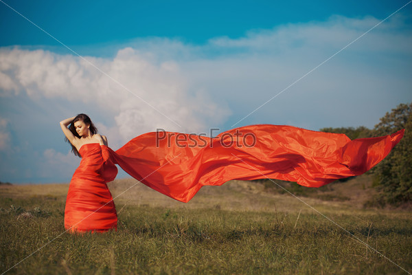Portrait of a beautiful young woman in a red dress on a background of sky and grass in summer