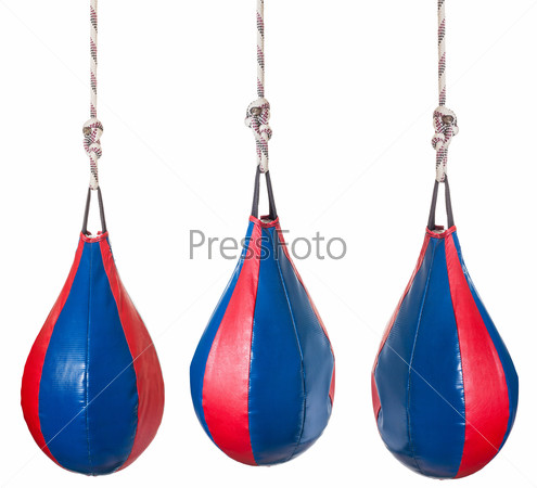 set from pear shaped red and blue leather speed balls - boxing punch bags isolated on white background
