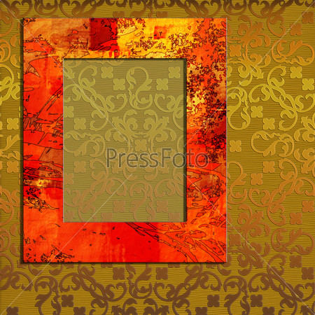 art vertical empty golden and red photo-frame on pattern golden background