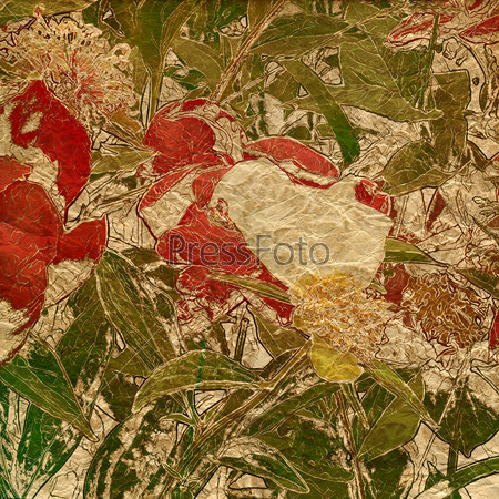 art grunge floral vintage paper textured autumn watercolor background with old peonies in beige, green, brown and red colors