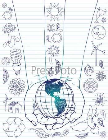 Two Hands Holding the World on a page of doodles