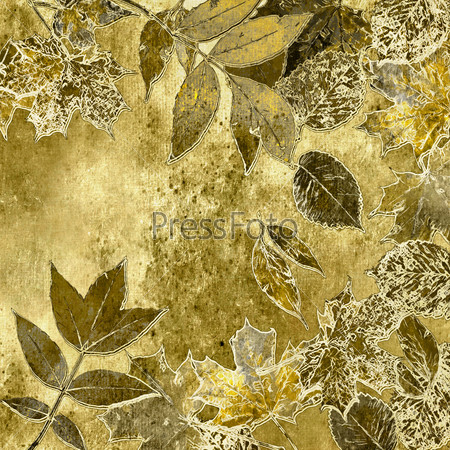 art watercolor and graphic leaves autumn monochrome old golden background card