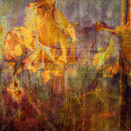 art floral grunge graphic and watercolor background on paper texture with bouquet of golden roses