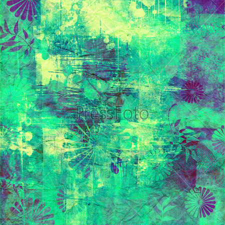 art abstract grunge graphic texture background in green, yellow and blue colors with floral stylized ornament