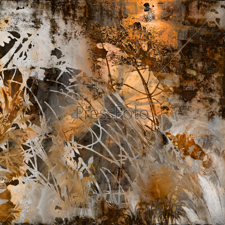 art grunge vintage texture beige, grey, orange, black and brown background with stylized trees and bushes