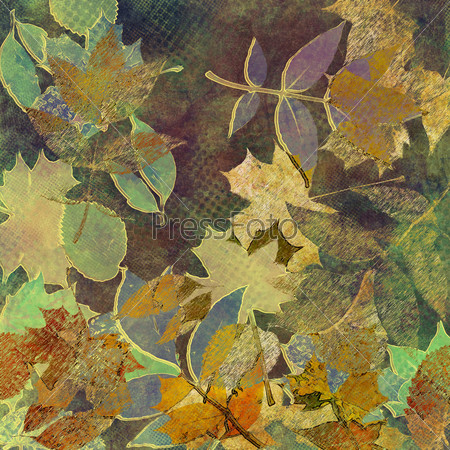 art watercolor and graphic leaves autumn background card in old gold, green, blue and brown colors