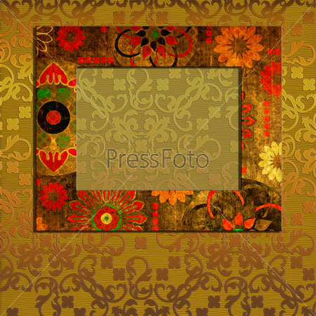 art horizontal golden and red frame with floral ornament on golden pattern background