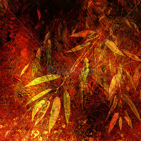 art floral autumn vintage background with brushes and leaves in yellow gold colors on red, orange, brown and black basis