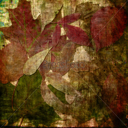 art watercolor and graphic autumn leaves vintage grunge background in beige, burgundy, green and brown colors