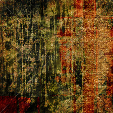 art abstract grunge paper textured old gold background with green, orange, red and black graphic and blots