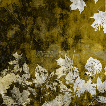 art watercolor and graphic leaves autumn monochrome background card in old gold, white and black colors