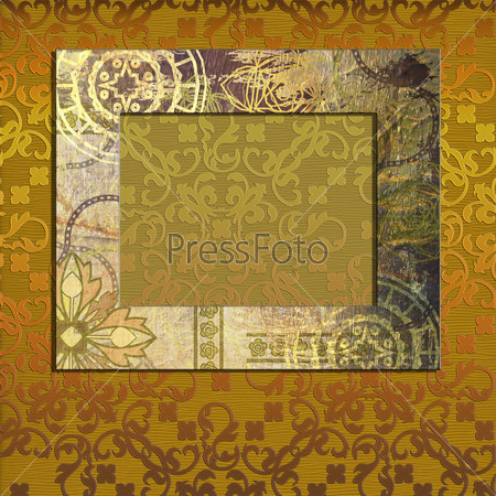 art horizontal golden photo-frame on  golden pattern background