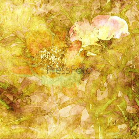 art grunge floral vintage autumn background with roses peonies on green, brown and gold colors