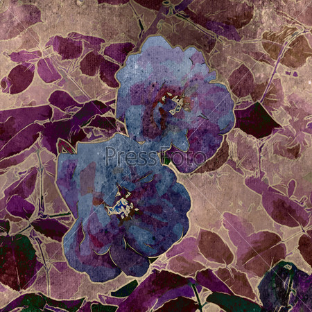 art grunge floral vintage watercolor background in purple and blue colors with roses on old paper textured basis