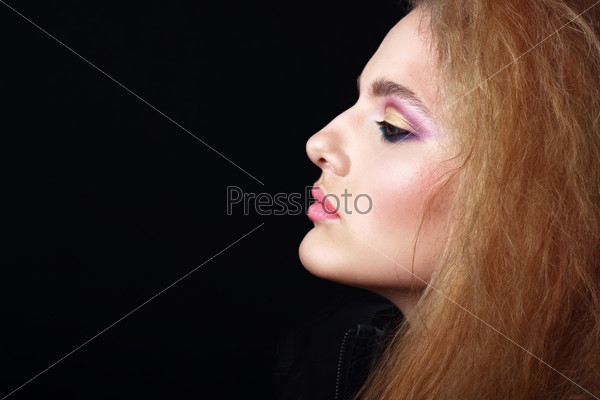 Black and white glamor woman portrait, dark beautiful face, female isolated on black background