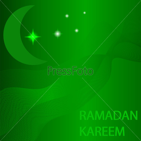 Moon and Stars on Green Wave Background. Ramadan Card