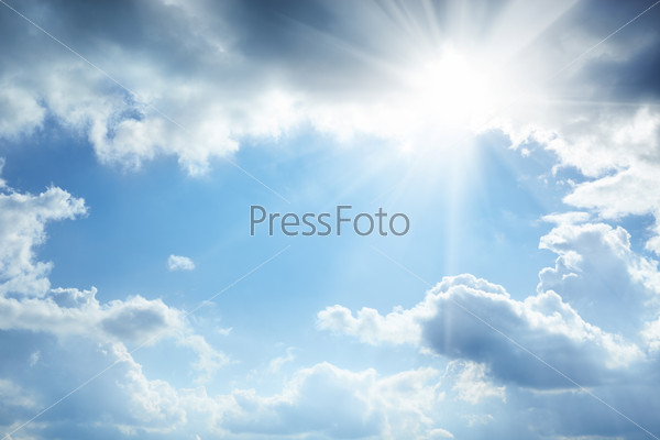 Sun and white clouds in the sky, stock photo