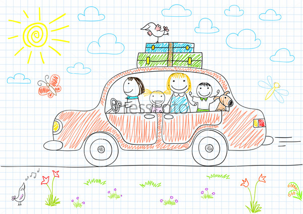 Happy family - mom, dad and two children in car