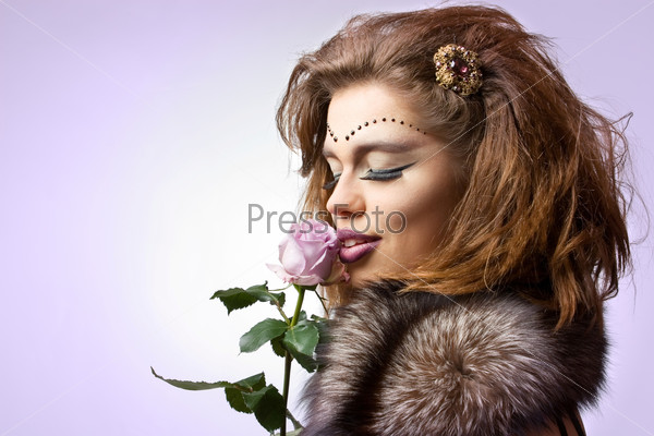 Portrait of gorgeous lady with rose, space for text, stock photo