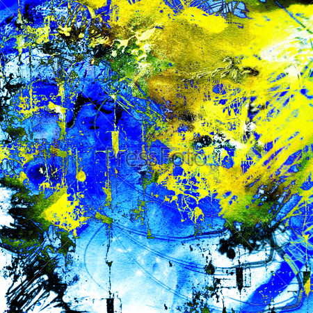 art grunge vintage textured background with bright yellow and blue blots