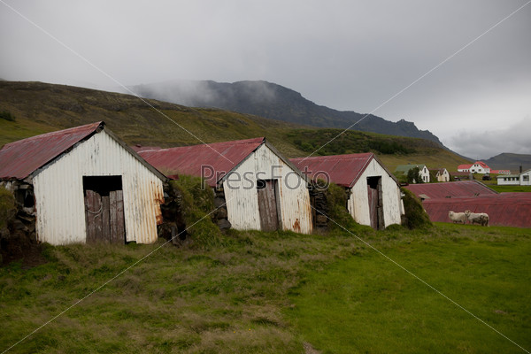 Rusted white farm sheds with corrugated red roofs on a foggy hillside with houses and sheep in the background, and clouds coming over the hills