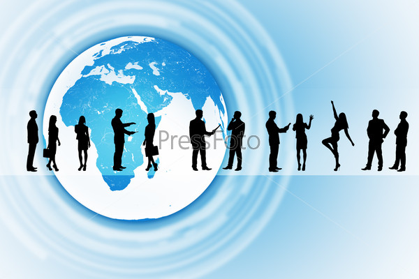 Silhouettes of business people in different postures on abstract background with earth. Elements of this image furnished by NASA
