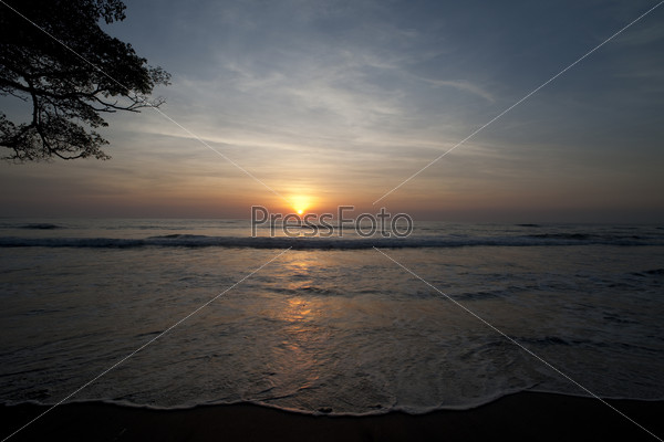 Sunset over the calm ocean at Costa Rica with tree branches in the left side of frame - cool overtones