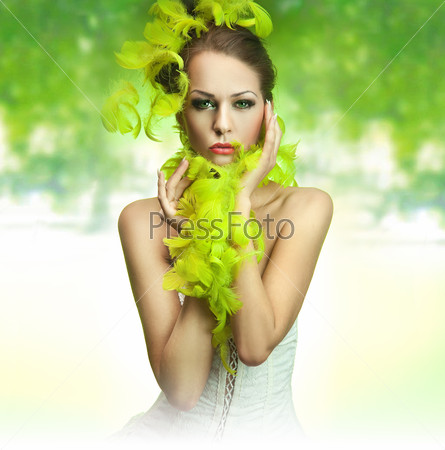 Cute young lady over green background