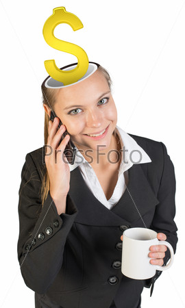 Businesslady with dollar sign in her head looking at camera and talking on phone on isolated white background