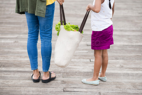Cropped image of mother and daughter holding textile bag with groceries