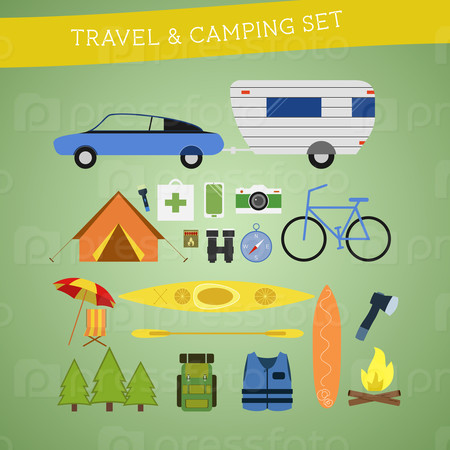 Bright cartoon travel and camping equipment icon set in vector. Recreation, vacation and sport symbols. Flat design. Vector illustration
