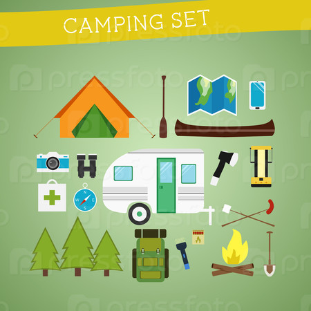 Bright cartoon camping equipment icon set in vector. Recreation, vacation and sport symbols. Flat design. Vector illustration