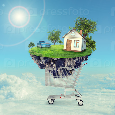 House and car on island in shopping cart on clouds