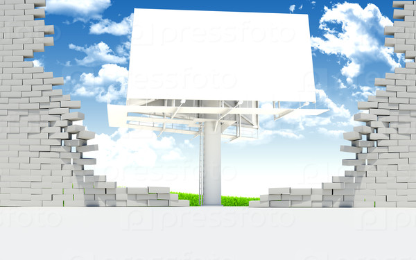 Banner in broken wall on blue sky background with clouds
