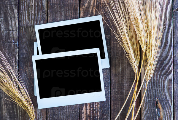 Wheat and photo on the wooden table, stock photo