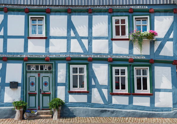Door and windows traditional half-timbered house close-up. Germany