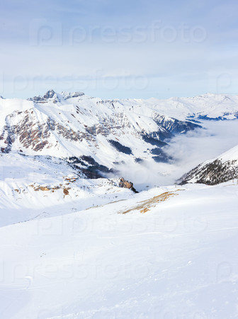 The Alpine skiing resort in Austria Zillertal. Vertical panorama