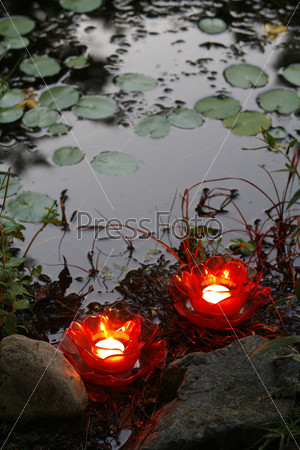 Glowing red candles by water, plants and stones