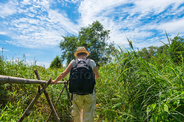 Woman from back side  hiking in tropical field